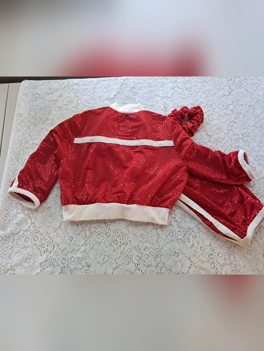 5 pc Dance Bundle Girls 6x Red Sequin Jacket, Pants, Bodysuit. Tights & Pony